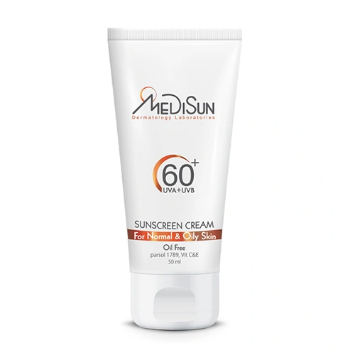 کرم ضد آفتاب فاقد رنگ مدیسان SPF60 مخصوص پوست چرب و معمولی حجم 50ml